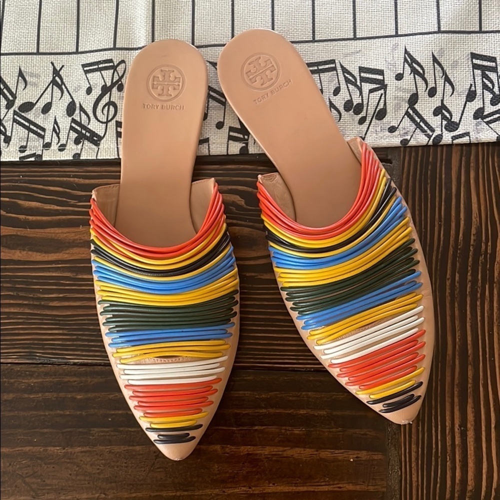 Tory Burch Siena Multicolor Leather Tubes  Flat Pointy Mules